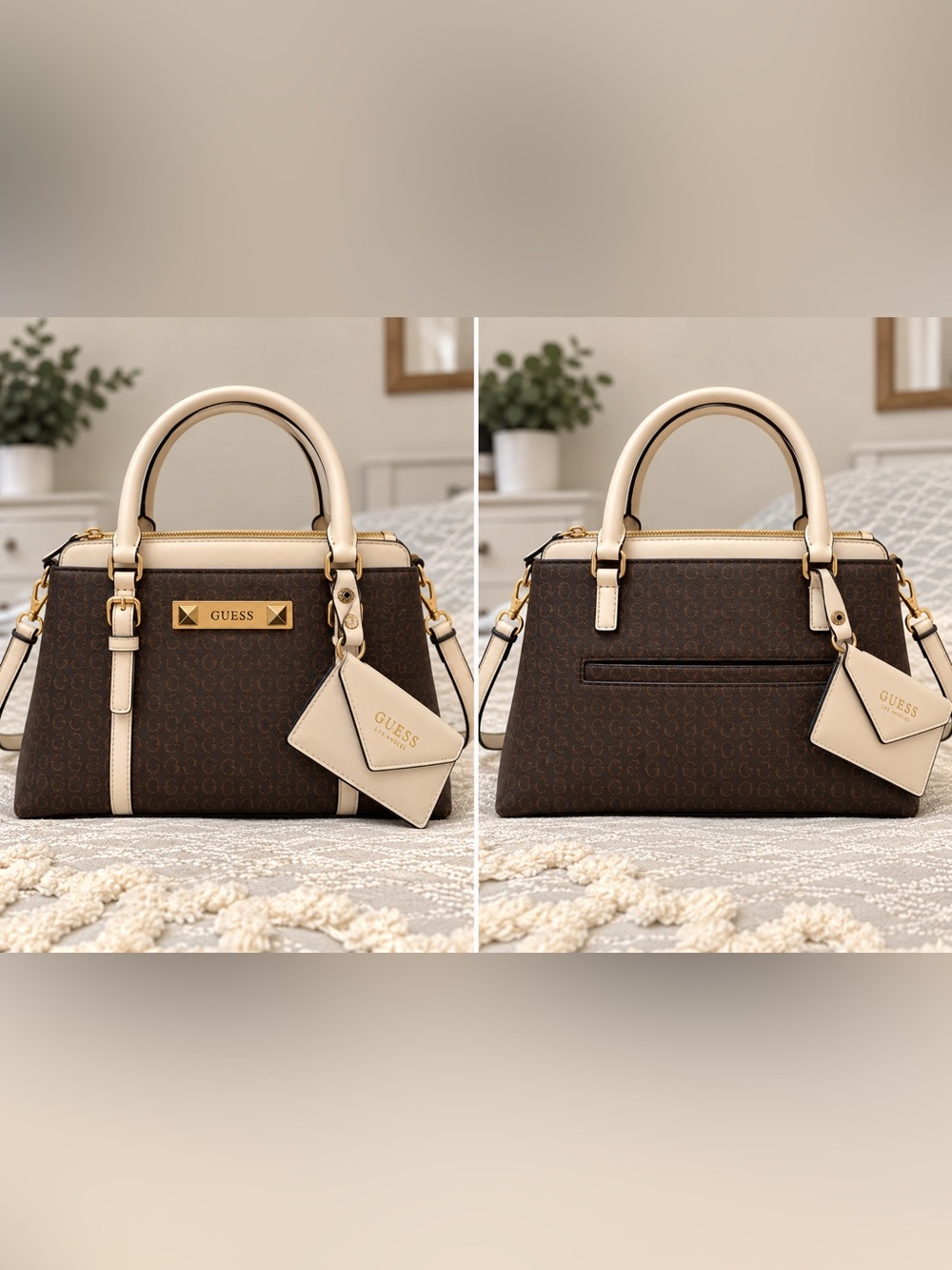GUESS Brown and Cream Logo Satchel with Card Holder